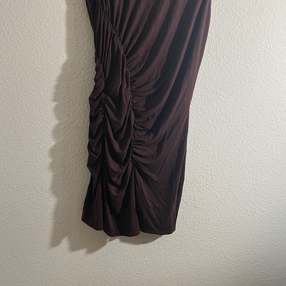Anthropologie women’s Sz 2X Sleeveless Mock Neck Ruched Midi Dress Brown Bodycon - Picture 8 of 13